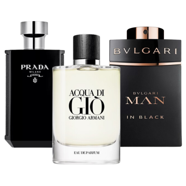 Paquete de 3 perfumes: Bvlgari In Black, Giorgio Armani Acqua Di Gio, L'Homme Prada Intense (Eau de Parfum)